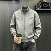 Jaqueta Masculina Harrington de Couro PU com Gola Alta Outono Inverno Retrô Workwear Tie-Dye Roupa de Motociclista Jaqueta Curta