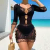 Cubierta de playa sexy de punto calado transfronteriza europea y americana, lunares, ropa exterior de bikini, manga larga, vestido de vacaciones de verano en la playa, en stock
