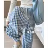 Pantalones de cuadros Dopamina de pierna ancha para mujer, Nuevo estilo de verano, Bloques de color, Pantalones largos fluidos, Cintura alta holgada, Pantalones de pierna ancha rosas adelgazantes