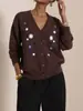 Cárdigan de Punto Bordado de Moda Europeo y Americano para Mujer, Nuevo Suéter Abrigo Holgado Vintage Floral con Cuello en V para Otoño e Invierno