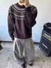 Suéter de Tricô Jacquard Fair Isle Estilo Old Money para Homens e Mulheres, Outono Preguiçoso e Relaxado Tricô Retrô Americano
