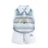Conjunto de Polo y Chaleco Azul Isla Macaron para Niños Estilo Coreano Conjunto de Dos Piezas Rayado sin Mangas para Niños Pequeños