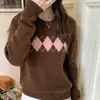 Suéter Juvenil de Nuevo Estilo Otoño-Invierno 100% Lana, Tejido de Punto para Mujer con Cuello Redondo y Patrón de Diamantes, Suéter Casual Color Block, Capa Base Cálida