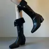 Botas ajustadas retro de dos vías hasta la rodilla con punta cuadrada, tacón grueso y hebilla de cinturón, modernas botas de jinete