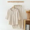 Pijama 100% Algodão para Mulheres, Primavera, Outono, Verão, Estilo Pulôver, Mangas 3/4, Calças 3/4, Gola de Renda, Roupa de Casa, Pode Ser Usado Fora