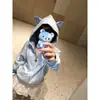 Moletom Patchwork Xadrez Azul Claro Estilo Coreano com Bordado de Dachshund para Mulheres, Jaqueta Cardigan Solta Chic Estilo Preguiçoso para Primavera e Outono