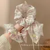 Goma para el pelo tipo lazo floral estilo coreano con borde de encaje, Pañuelo cuadrado para el pelo para coleta baja, Dulce accesorio para el pelo para el verano