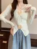 Deseo Puro Encaje de Costura Diseño de Flor Primavera Nuevo Suéter Ajustado Adelgazante de Manga Larga Camisa de Punto Top Corto