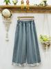 Calças Jeans Bordadas Vintage Desgastadas de Perna Larga para Mulheres Verão 2025 Patchwork Casual Versátil Cintura Elástica Calças Casuais