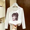 Camiseta de Manga Larga de Algodón Puro Estilo Coreano para Niñas, Primavera y Otoño, Camiseta Básica Casual con Estampado de Dibujos Animados para Bebé, Cuello Redondo