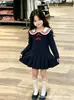 Vestido de Outono Estilo College para Meninas com Gola Azul Marinho, Laço Vermelho, Mangas Longas, Saia Plissada, Vestido Princesa Estiloso para Meninas