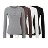 Camiseta Básica de Manga Larga Versátil para Mujer con Cuello Henley de Botones, Nueva, Hombro Normal, Top Delgado para la Cintura
