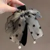 Pinza de Clip de Tiburón Elegante con Colgante de Perla Retro, Pinza para el Cabello de Gasa de Nieve Satinada Estilo Coreano con Lazo de Lunares para el Cabello para Mujeres en la Parte Posterior de la Cabeza