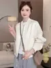 Elegante chaqueta de béisbol corta casual con cuello redondo para mujer, nuevo estilo primavera y otoño, holgada y estiliza, adecuada para figuras petite