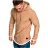 Nueva camiseta de manga larga con capucha para hombre, cuello redondo, corte ajustado, color liso, costuras, rayas, plisada, manga raglán, ropa para hombre