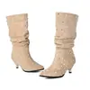 Tamanho 34-46 Tamanho Grande Botas Femininas de Couro Casuais Bico Redondo Salto Alto Aliexpress Transfronteiriças Botas de Camurça de Salto Fino para Mulheres