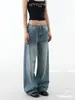 Pantalones de Mezclilla Rectos de Pierna Ancha Lavados en Azul Claro con Efectos de Bigotes, Estilo Retro Americano de Tiro Bajo Holgados, Pantalones Adelgazantes de Largo Completo