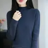 Suéter de punto de algodón 100% estilo minimalista para mujer, corte ajustado, favorecedor, capa base, cuello semi-alto, top cómodo de manga larga