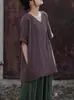 Blusas de Algodón y Lino para Mujer, Nuevo Estilo Verano 2026, Ropa Femenina Inspirada en el Zen, Manga Corta con Cuello en V de Bambú, Camiseta Femenina Artística Versátil de Corte Ajustado