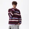 Suéter Masculino Gola Redonda Listrado Color Block Retrô Americano Outono Tendência Marca Texturizado Preguiçoso Casual Tricô Top