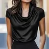 Camisa de Manga Corta de Satén de Alta Gama con Cuello Fruncido, Estilo de Oficina Elegante Ol, Top Fluido, Nueva Colección Transfronteriza Europea y Americana Primavera-Verano