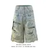 Shorts Jeans Rasgado Estilo Hip-Hop High Street Americano para Homens, Calça de Verão com Cintura Dupla Wide Leg de Comprimento Médio, Calça Sete Pontos