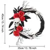 Corona de guirnalda artificial de calavera de Halloween con ramas secas y rosas, decoraciones de Halloween europeas y americanas, corona colgante de puerta para ambiente festivo