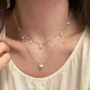 Collar Tejido de Corazón Brillante con Perlas Dulce y Romántico con Cadena de Clavícula en Capas