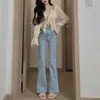 Calça jeans flare feminina, novo estilo primavera-verão, cor clara, cintura alta, modelagem justa, valoriza o corpo, para baixinhas, perna reta, com caimento, calça bootcut comprimento total
