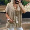 Verano Europeo y Americano Amazon Manga Corta Casual Moda 2024 Nuevo Cuello en V Jersey Lentejuelas Top Camiseta Suelta para Mujer
