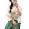 Nueva Colección Primavera y Verano Estilo Vintage Holgado Tallas Grandes Camiseta de Lino Estampada Informal Versátil Pulóver Superior Venta al por Mayor