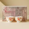[Liquidación] Par de Tazas de Té Rosa Cerezo con Enredadera de Hojas Pintadas a Mano Caja de Regalo Taza Maestra de Cerámica Taza de Degustación para Pareja Set de Té Kung Fu