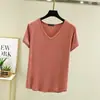 Top de mujer con cuello en V, camiseta básica, talla grande, nueva camiseta de manga corta de verano, adelgazante, color liso, modal, estilo coreano, corte holgado