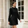 Vestido de Encaje Negro Elegante con Cuello Alto FCB Transfronterizo para Mujer Estilo Otoño 2026 Vestido Corto de Cintura Entallada Línea A para Mujer
