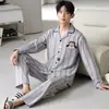 Pijama Masculino 100% Algodão, Manga Longa e Calça Longa, Novo Estilo Outono, Cardigã com Gola Reversível, Conjunto de Duas Peças para Casa Transmitido ao Vivo