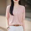 Nuevo Cárdigan de Punto con Cuello en V de Tencel Lyocell Manga Corta para Mujer Color Sólido de Organza Top Holgado
