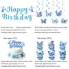 Tela de fondo de forma irregular para fiesta de cumpleaños de mariposa azul, serpentinas con purpurina, decoraciones colgantes en espiral, globos, adornos para pasteles y decoraciones