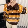 Camisa Polo Listrada Retrô Coreana Gola Tricô Manga Longa Feminina Outono Inverno Tricô Pulôver de Alta Qualidade Top Básico