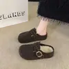 Sandálias de encaixe de lã retrô para mulheres, 06 novo estilo outono/inverno, sapatos Birkenstock de feltro cinza com sola grossa