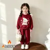 Conjunto de Lã Forrado para Meninas Outono e Inverno Estilo Coreano Tendência Novo Desenho Animado Moletom de Manga Longa Calça Jogger Conjunto Elegante de Duas Peças