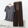 Pijama para mujer de talla grande para usar al aire libre, conjunto de dos piezas para casa para primavera y verano, conjunto de top de manga corta con cuello en V de modal con bolsillos y pantalones de pierna ancha
