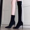 Botas Acima do Joelho para Mulheres 2025 Outono Novas Botas Slim Salto Grosso Camurça Botas de Alta Elasticidade Bico Fino Botas de Salto Alto