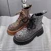 Botas para Mujer con Pedrería Completa de Diamante Estampado de Leopardo con Cordones 2025 Nuevas Botas de Motocicleta Botines Versátiles para la Calle Otoño e Invierno