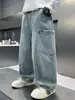 Pantalones cargo de mezclilla holgados para niños, pantalones anchos de moda estilo coreano, pantalones rectos lavables para primavera y otoño para niños mayores