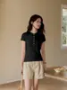 Nuevo producto de verano: Camiseta de cuello de béisbol para mujer de Tencel-acetato-lana, top básico casual versátil de color liso ajustado