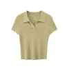 Gaozhi Laoqian Camiseta de punto de manga corta para mujer, estilo francés, seda de morera y lana, cuello polo, ajuste slim, para verano