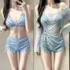 Conjunto de Traje de Baño de Tres Piezas para Mujer con Lunares, de un Solo Hombro, Estilo Resort Adelgazante, Kimono Sexy de Manga Larga para Aguas Termales, Ropa de Baño que Cubre el Cuerpo