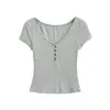 Atacado de Roupas Femininas Transfronteiriças Camiseta de Malha Canelada Elástica Verão Slim Fit Gola V Profunda Manga Curta Top Decotado