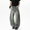 Calça jeans masculina de sarja lavada com estampa de bambu estilo americano, marca da moda outonal, calça de perna larga solta desconstruída, calça vintage desgastada de comprimento total