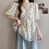 Verano 2025 Nueva Camiseta de Manga Corta con Cuello en V de Talla Grande para Mujer Diseño para mm Gorditas Nicho Pequeño Top Floral Fresco